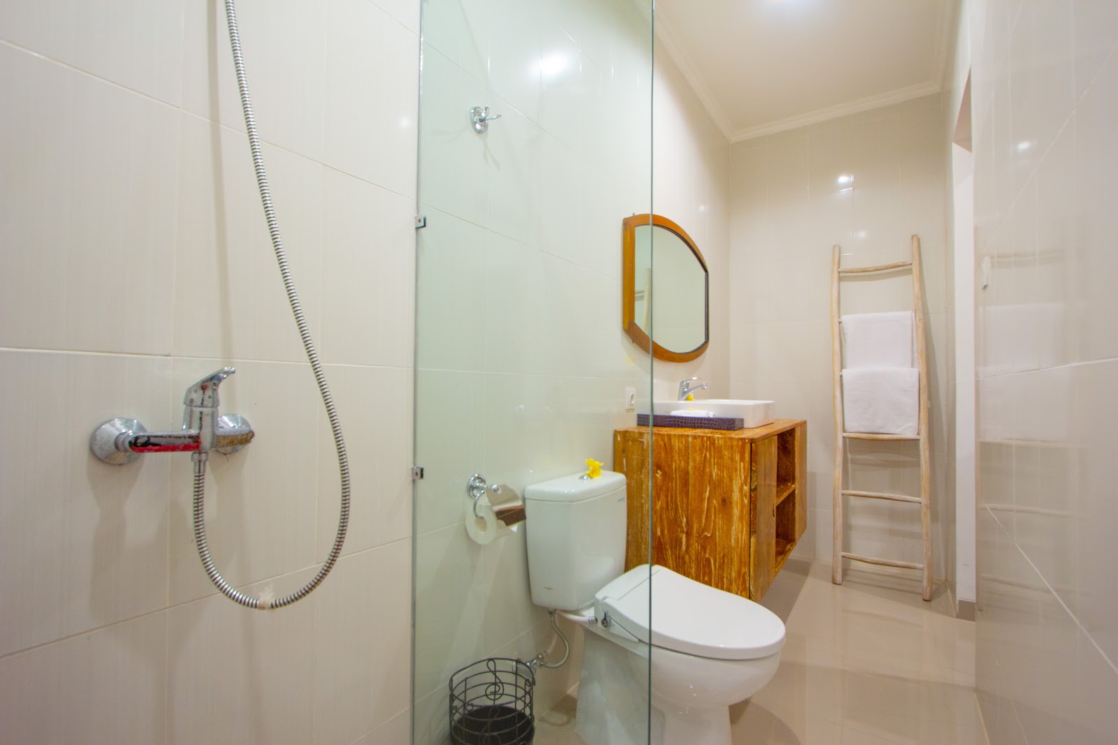 Modern bathroom with walk-in shower, wooden vanity cabinet, white ceramic sink, toilet, and decorative mirror. Features clean white tile walls, towel ladder, and professional lighting.